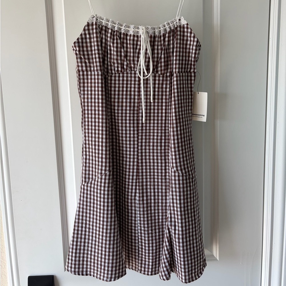 Cotton Candy Brown and White Gingham Mini Dress